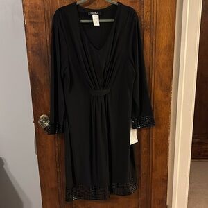 NWOT Onyx Nite Black Long Sleeve Dress w/ Shiny Square Trim Size 24W